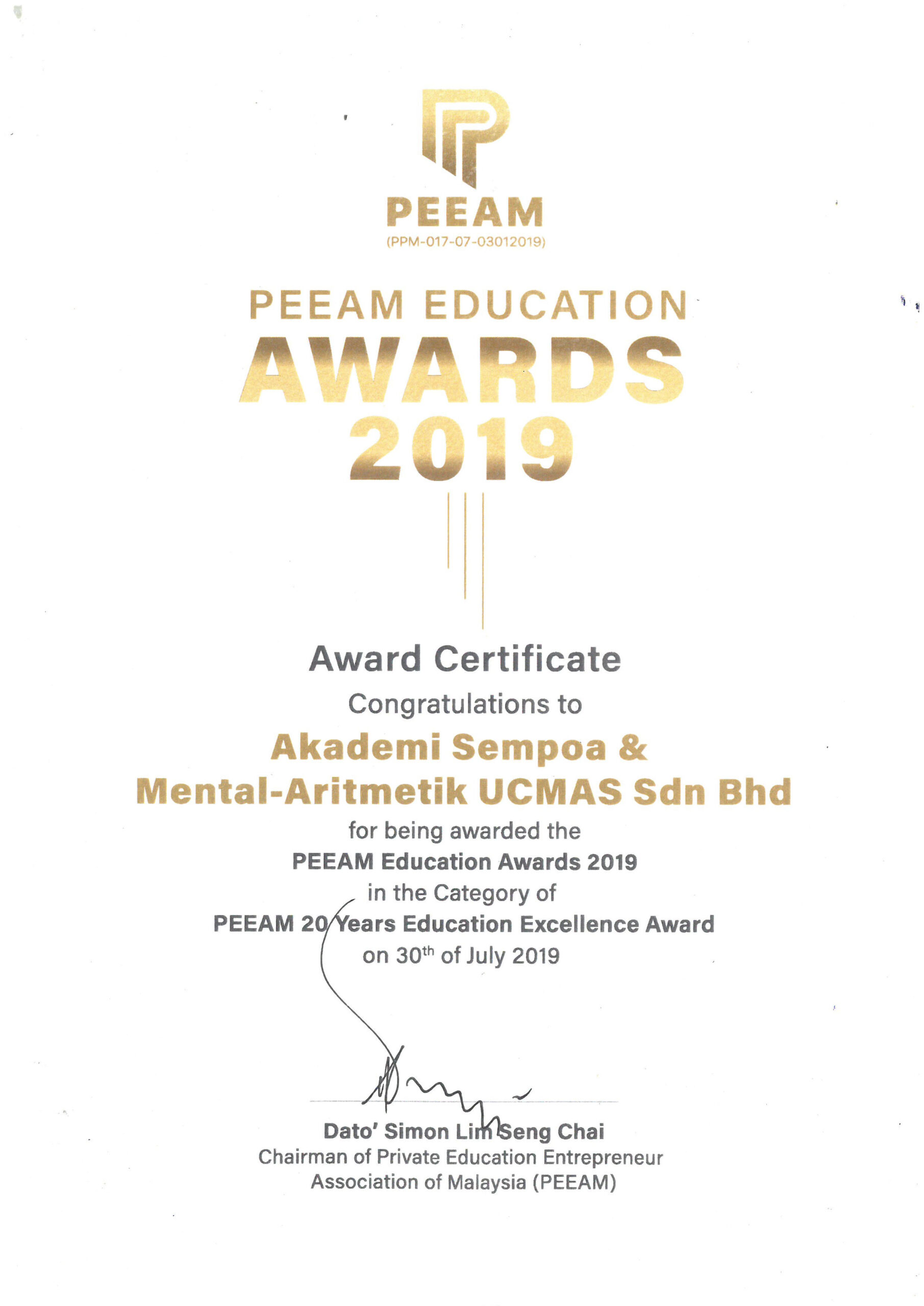 UCMAS được vinh danh tại Giải thưởng Giáo dục PEEAM 2019