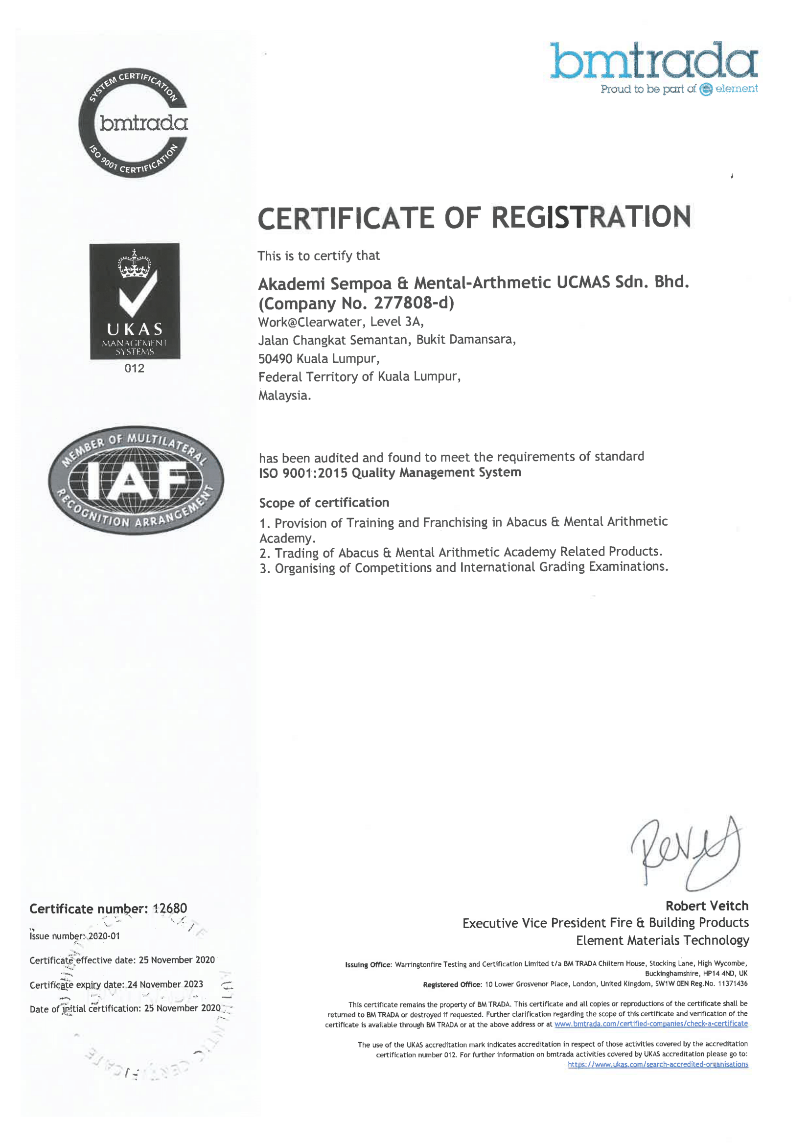 UCMAS đạt chứng nhận Chất lượng ISO 9001:2015